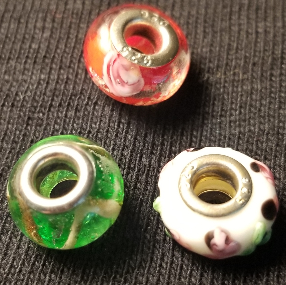 Murano Glass Bead LOT of 3 Beads Fits Pandora Bracelet